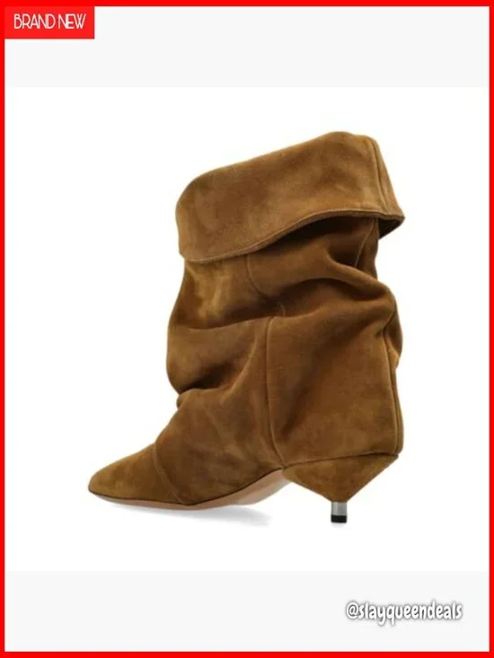 Women's Suede Ankle Boots Kitten Heel Pointed Toe Slouchy Fold Boots - Picture 5 of 6